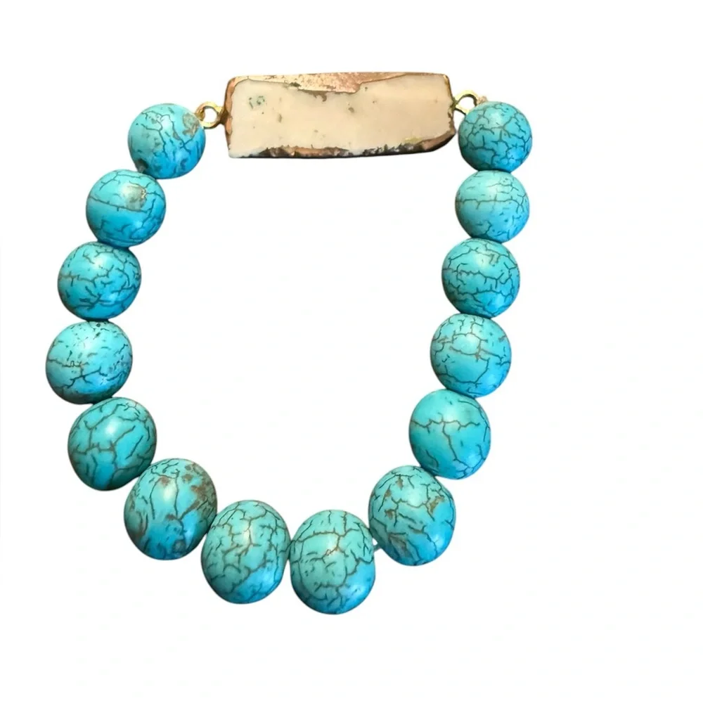 Turquoise Color Beaded Druzy Bar Stretch Bracelet